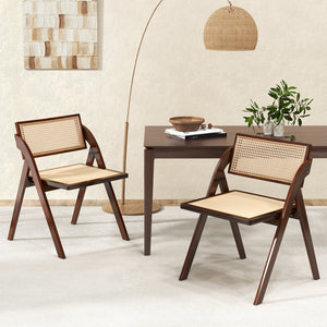 Foldable Dining Chairs Set of 2 with Woven Rattan Backrest-Brown view 3