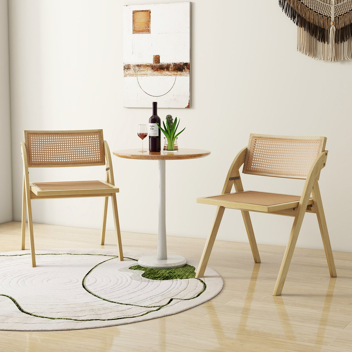 Foldable Dining Chairs Set of 2 with Woven Rattan Backrest-Natural view 2