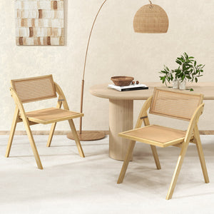 Foldable Dining Chairs Set of 2 with Woven Rattan Backrest-Natural view 3