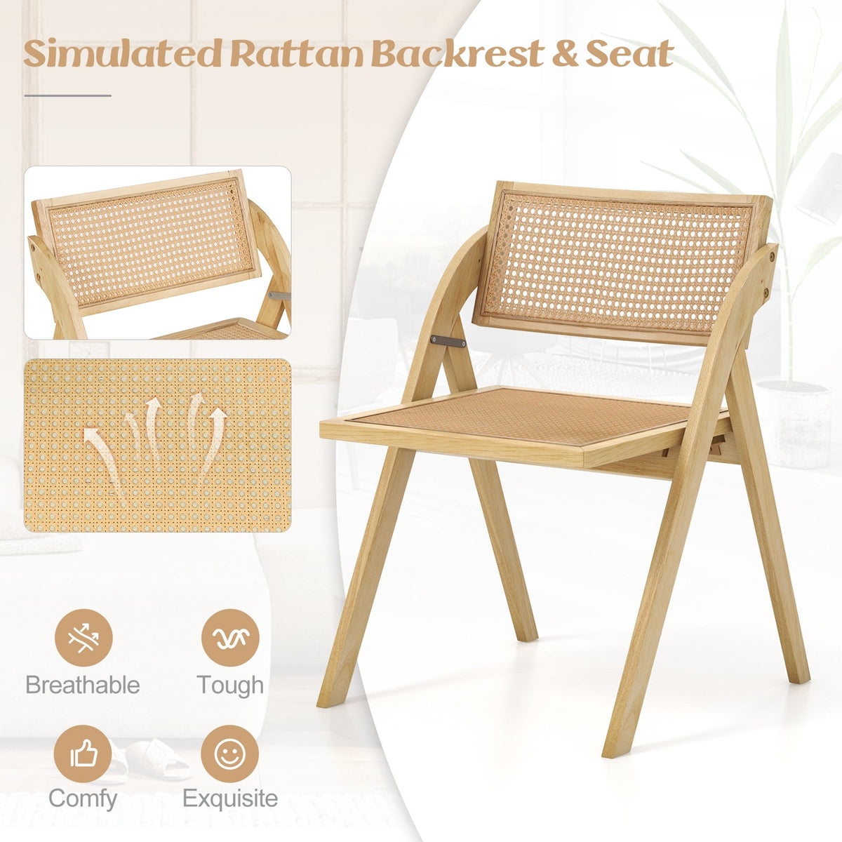Foldable Dining Chairs Set of 2 with Woven Rattan Backrest-Natural view 5