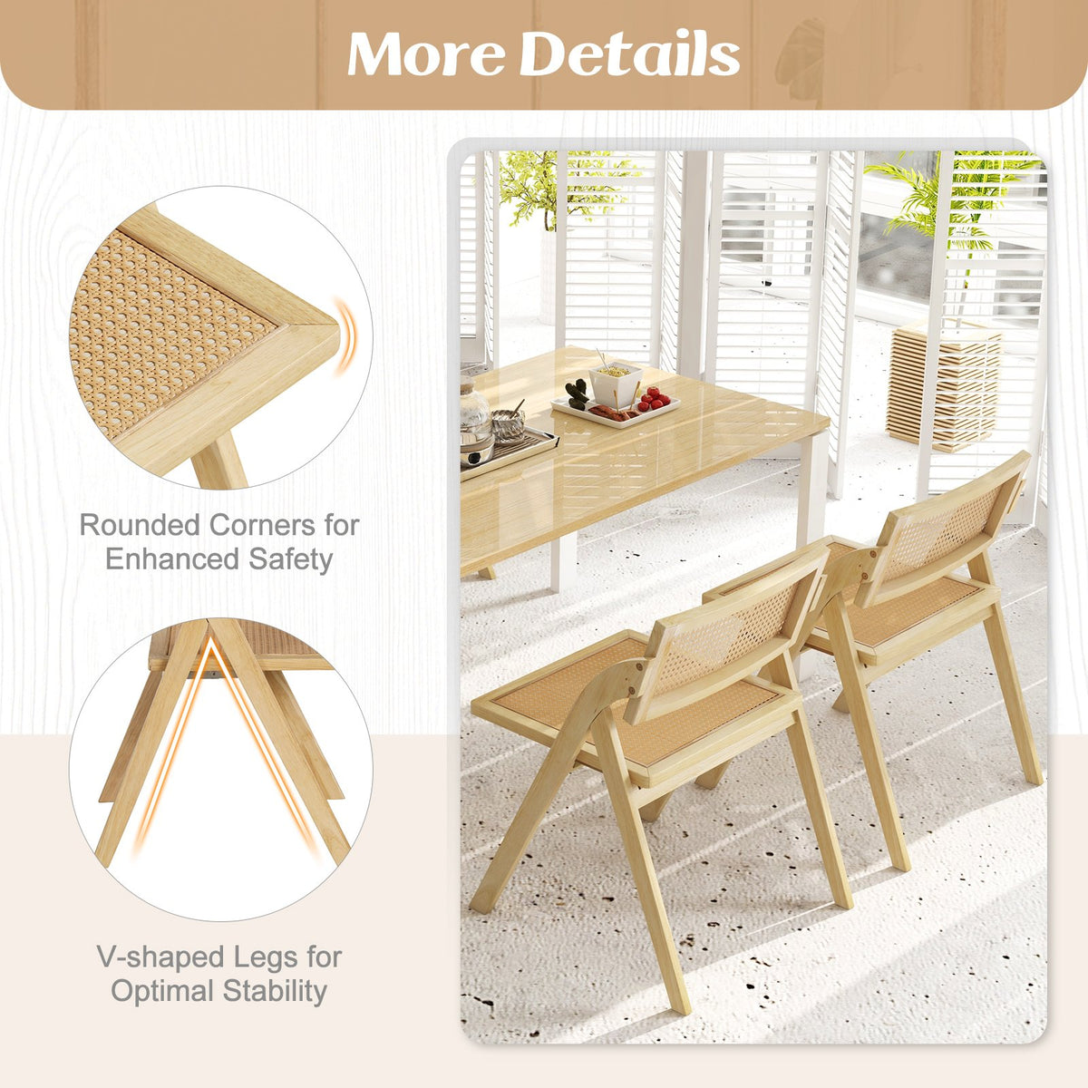 Foldable Dining Chairs Set of 2 with Woven Rattan Backrest-Natural view 8