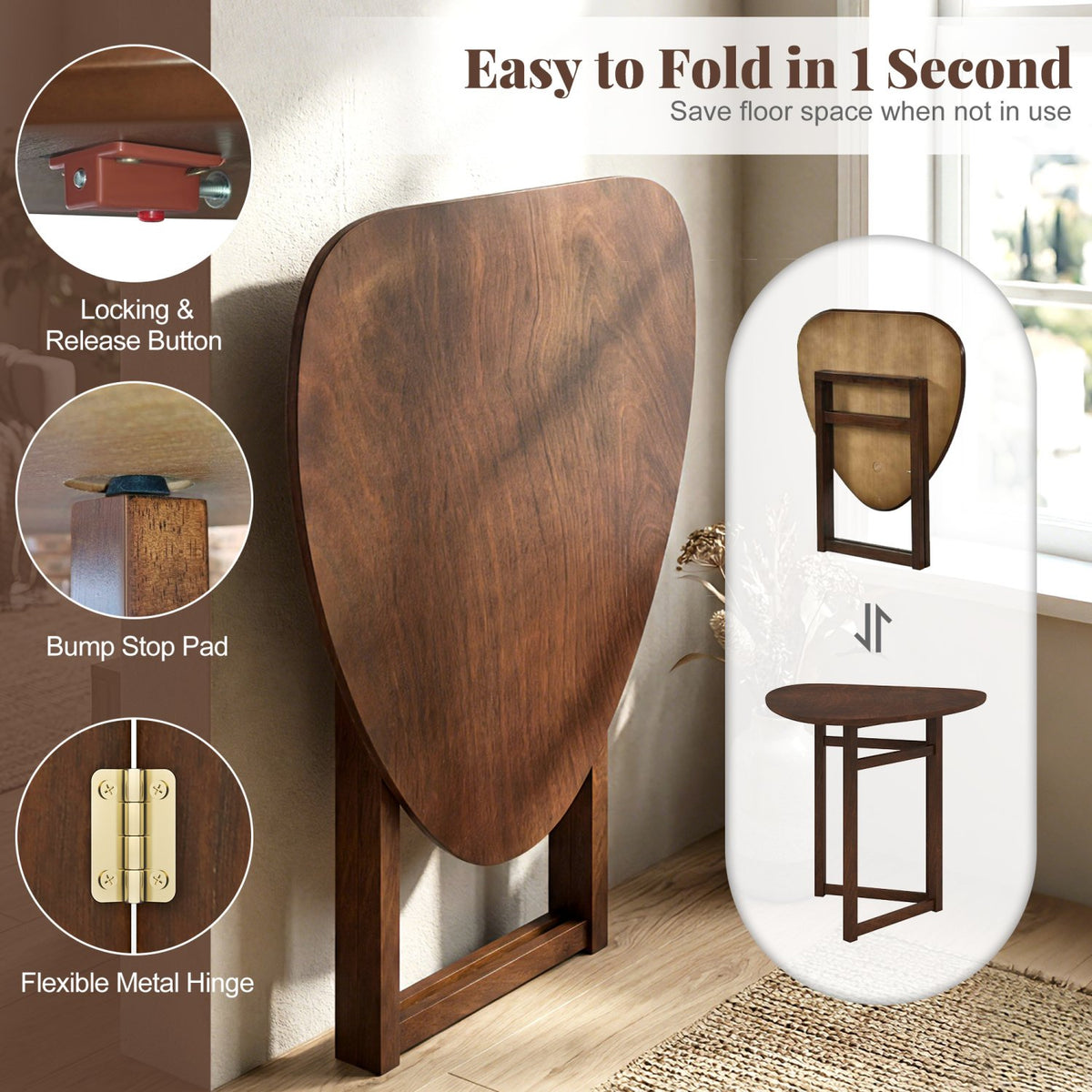 Foldable Dining Table 31.5 inches Triangular Small Kitchen Table for 2-Walnut view 9