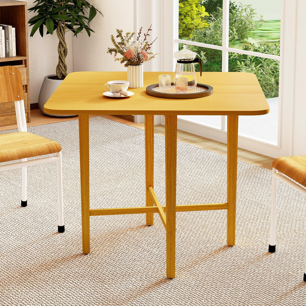 Foldable Dining Table for 2-4 People with Rubber Wood Legs for Small Space-Natural view 2