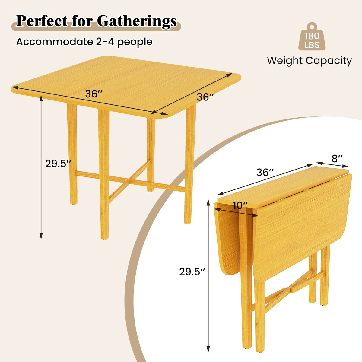 Foldable Dining Table for 2-4 People with Rubber Wood Legs for Small Space-Natural view 4