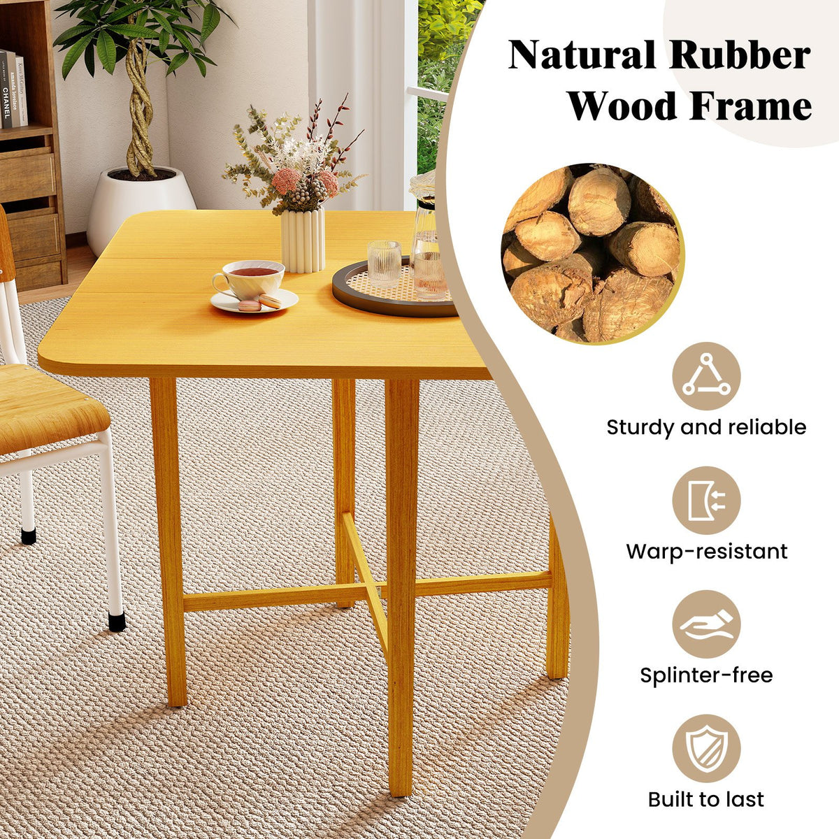 Foldable Dining Table for 2-4 People with Rubber Wood Legs for Small Space-Natural view 7
