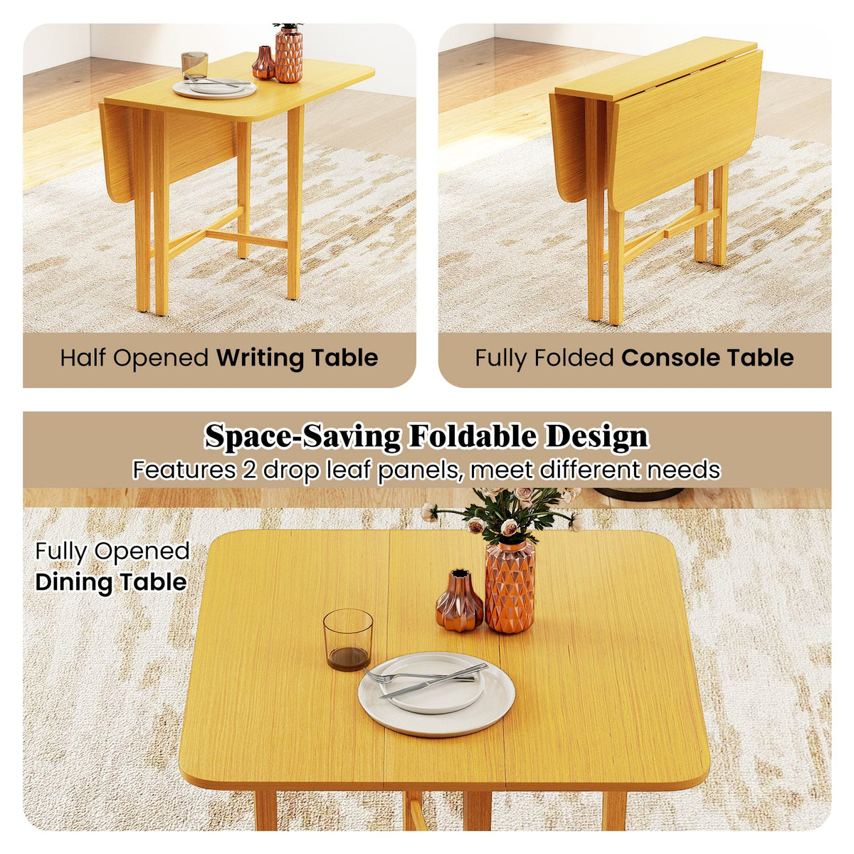 Foldable Dining Table for 2-4 People with Rubber Wood Legs for Small Space-Natural view 9