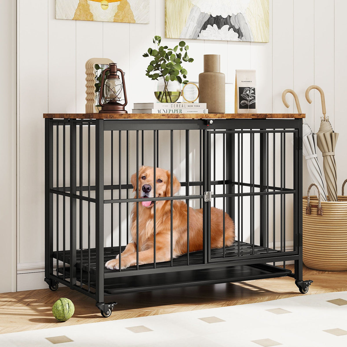 Foldable Dog Crate Furniture with Removable Tray and Lockable Door-L view 2