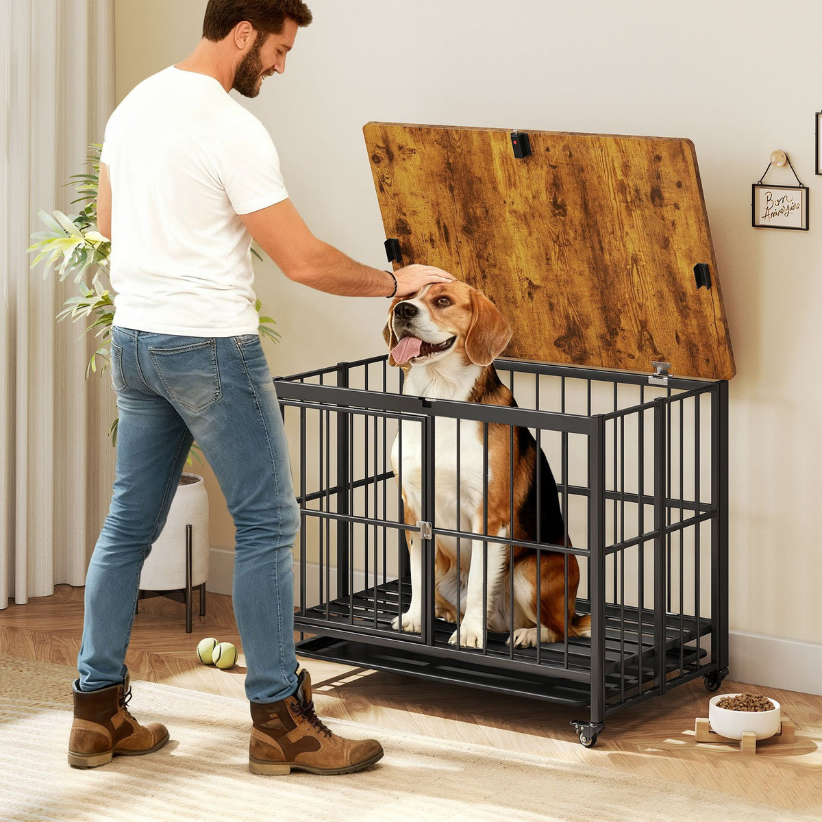Foldable Dog Crate Furniture with Removable Tray and Lockable Door-L view 3