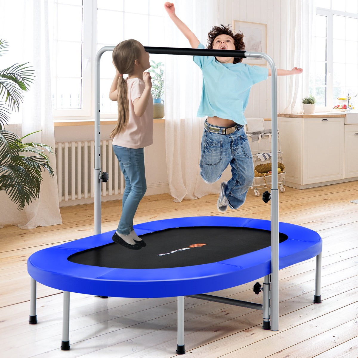 2-Person Foldable Mini Kids Fitness Rebounder Trampoline-Blue view 2