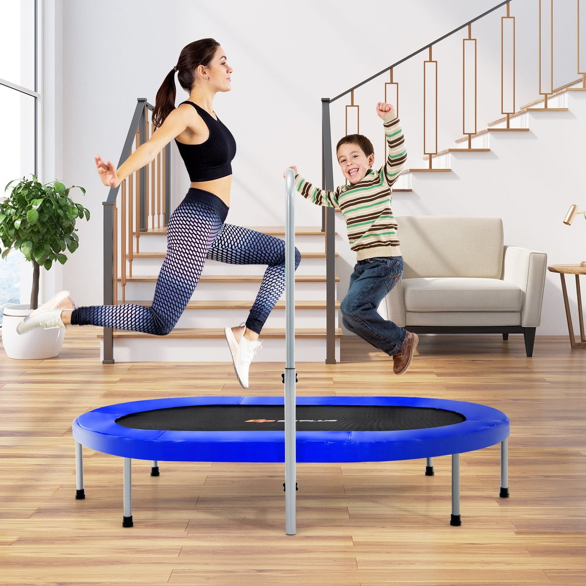 2-Person Foldable Mini Kids Fitness Rebounder Trampoline-Blue view 3