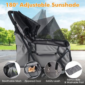 Foldable Double Pet Stroller with Adjustable Sunshade and Storage Basket-Gray view 9