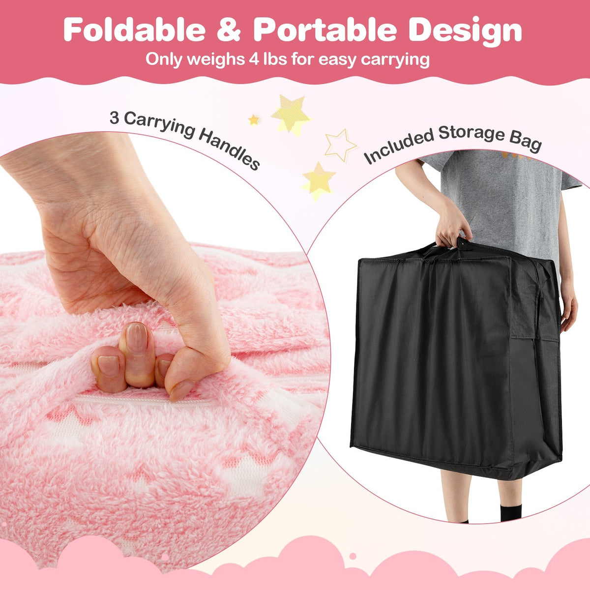 Foldable Floor Mattress for Kids with Washable Flannel Cover-Pink view 6