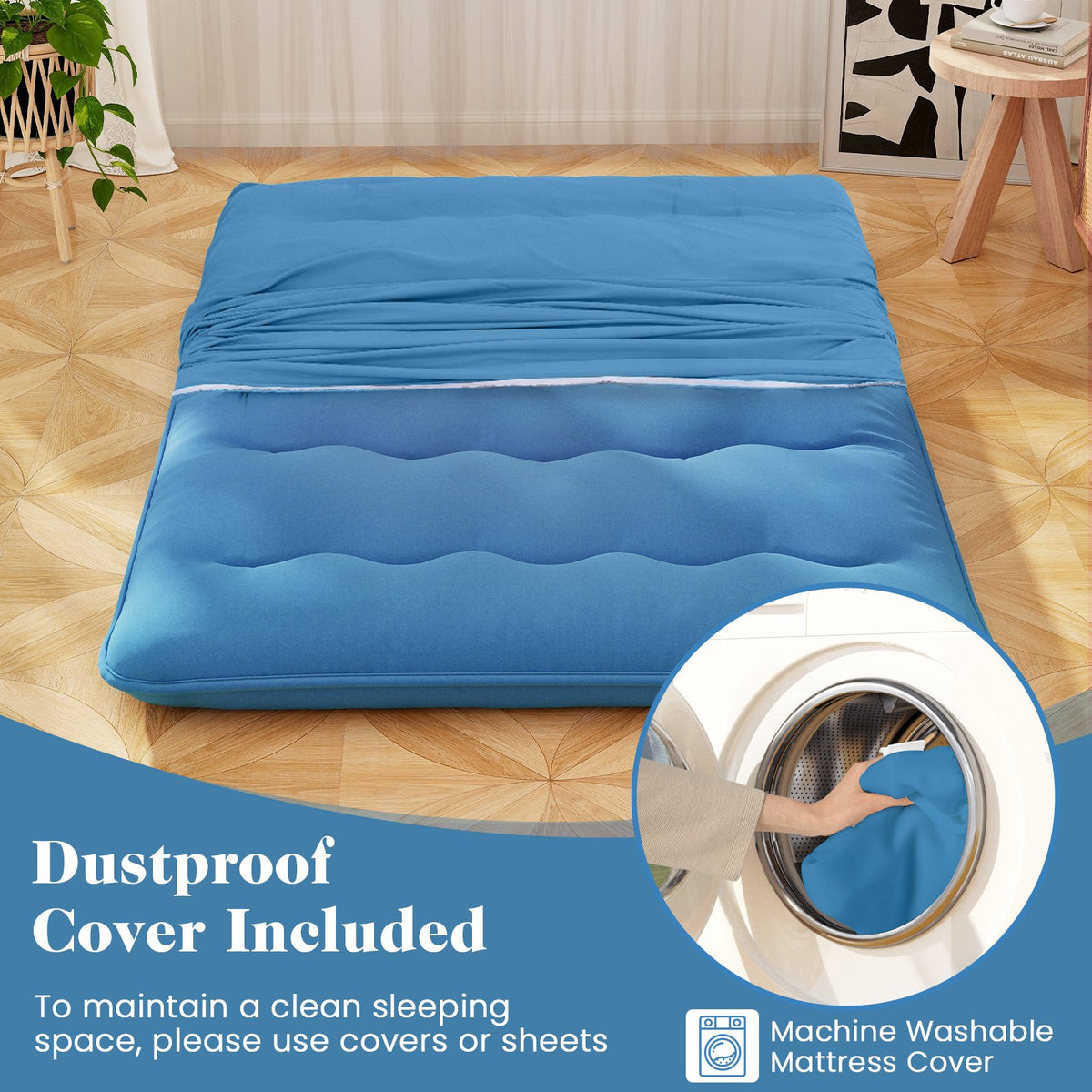 Foldable Futon Mattress with Washable Cover and Carry Bag for Camping Blue-Full Size view 6