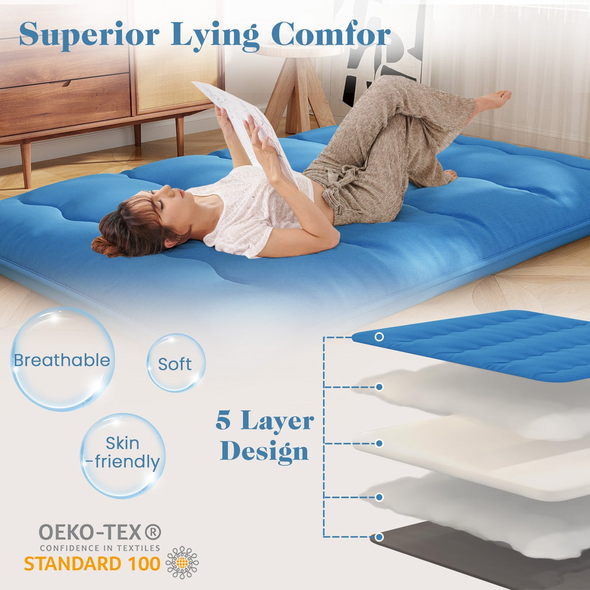 Foldable Futon Mattress with Washable Cover and Carry Bag for Camping Blue-Full Size view 7
