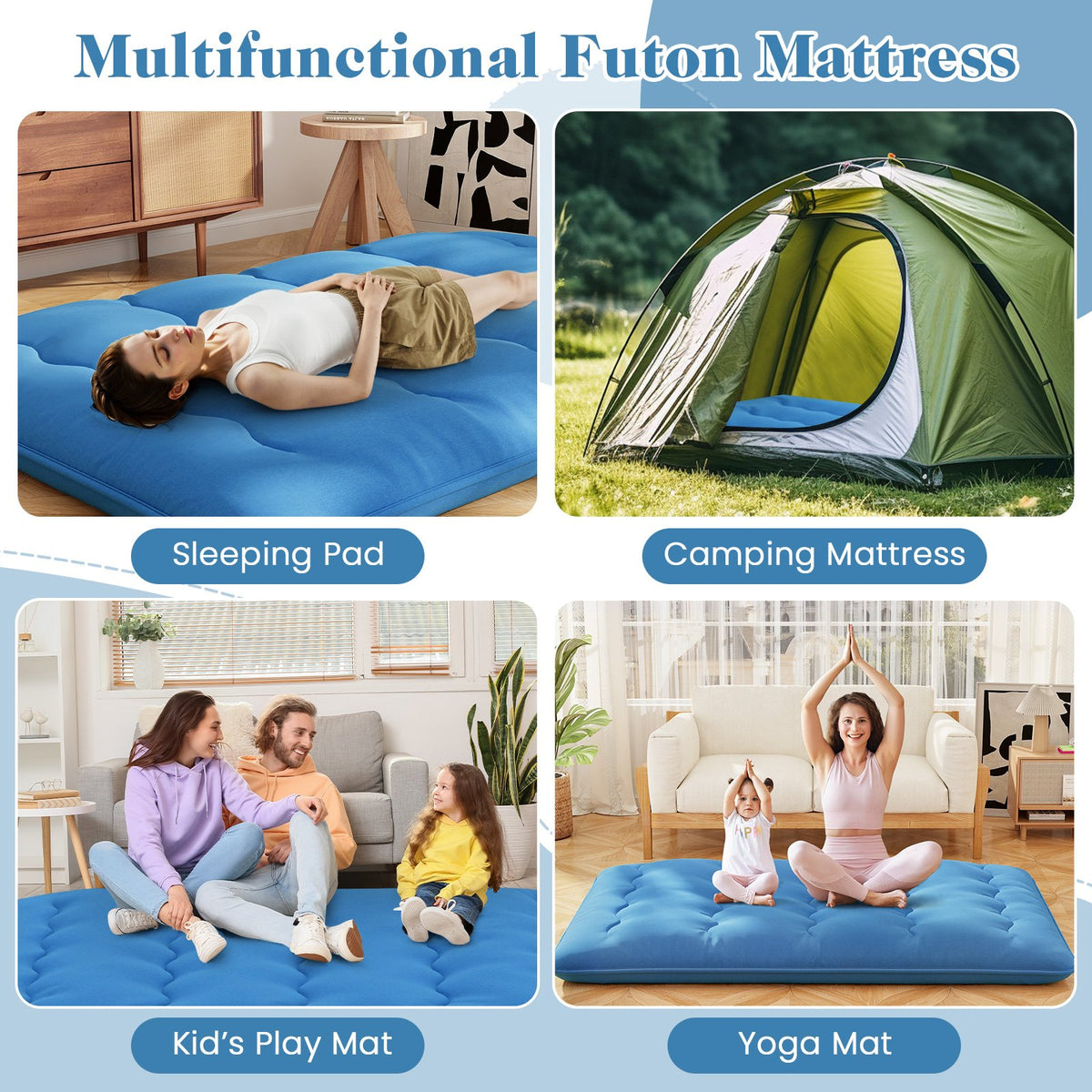 Foldable Futon Mattress with Washable Cover and Carry Bag for Camping Blue-Full Size view 9