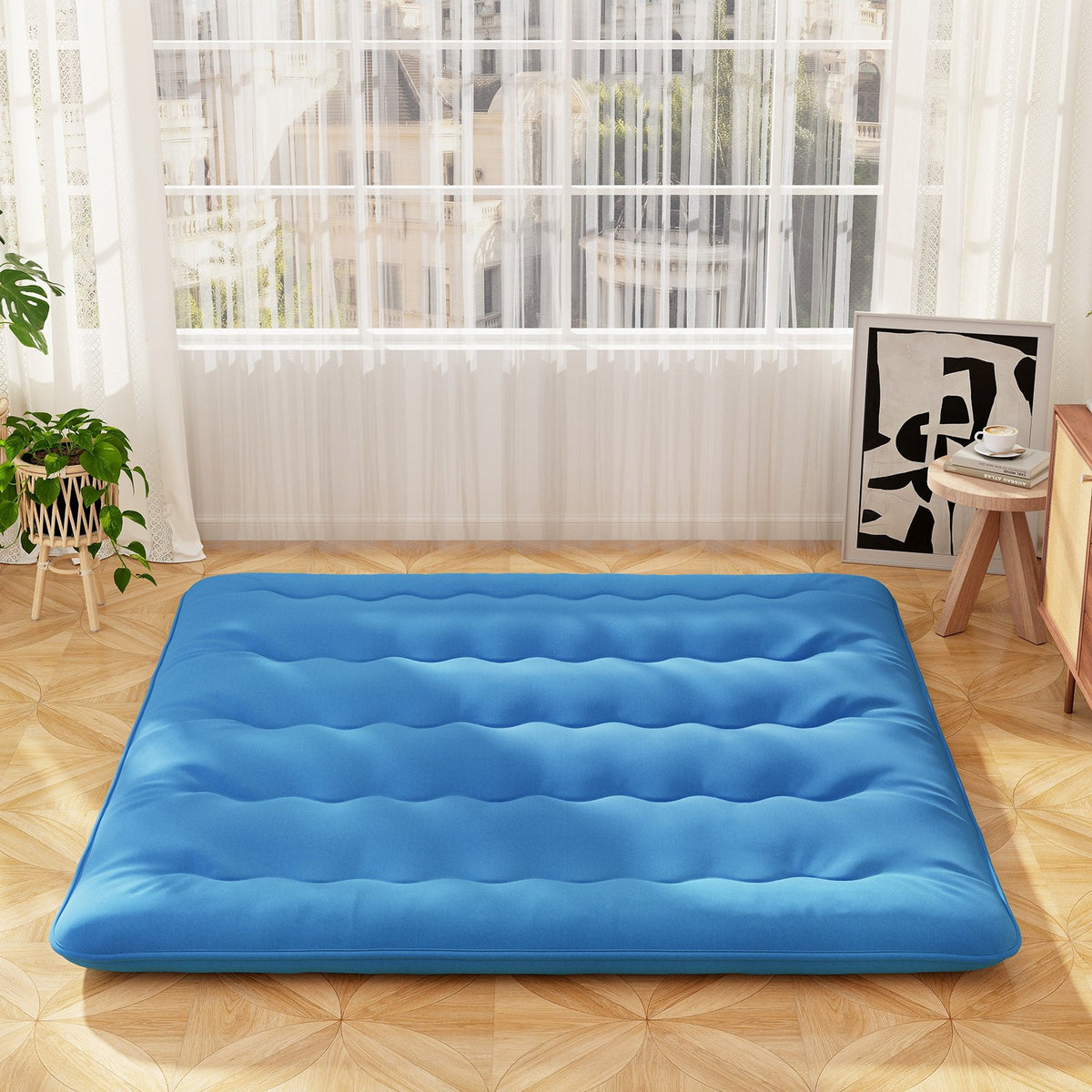 Foldable Futon Mattress with Washable Cover and Carry Bag for Camping Blue-King Size view 2
