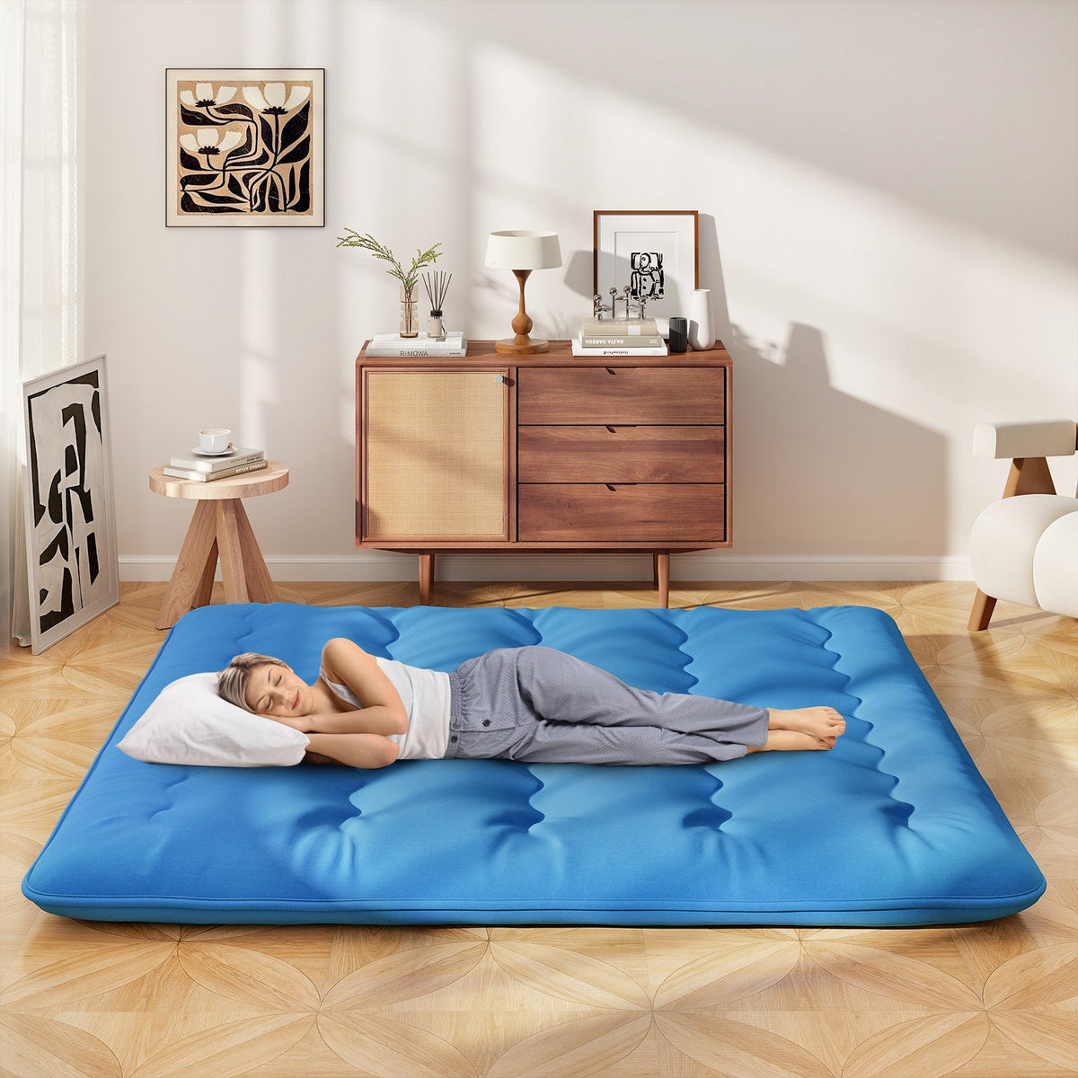 Foldable Futon Mattress with Washable Cover and Carry Bag for Camping Blue-King Size view 3