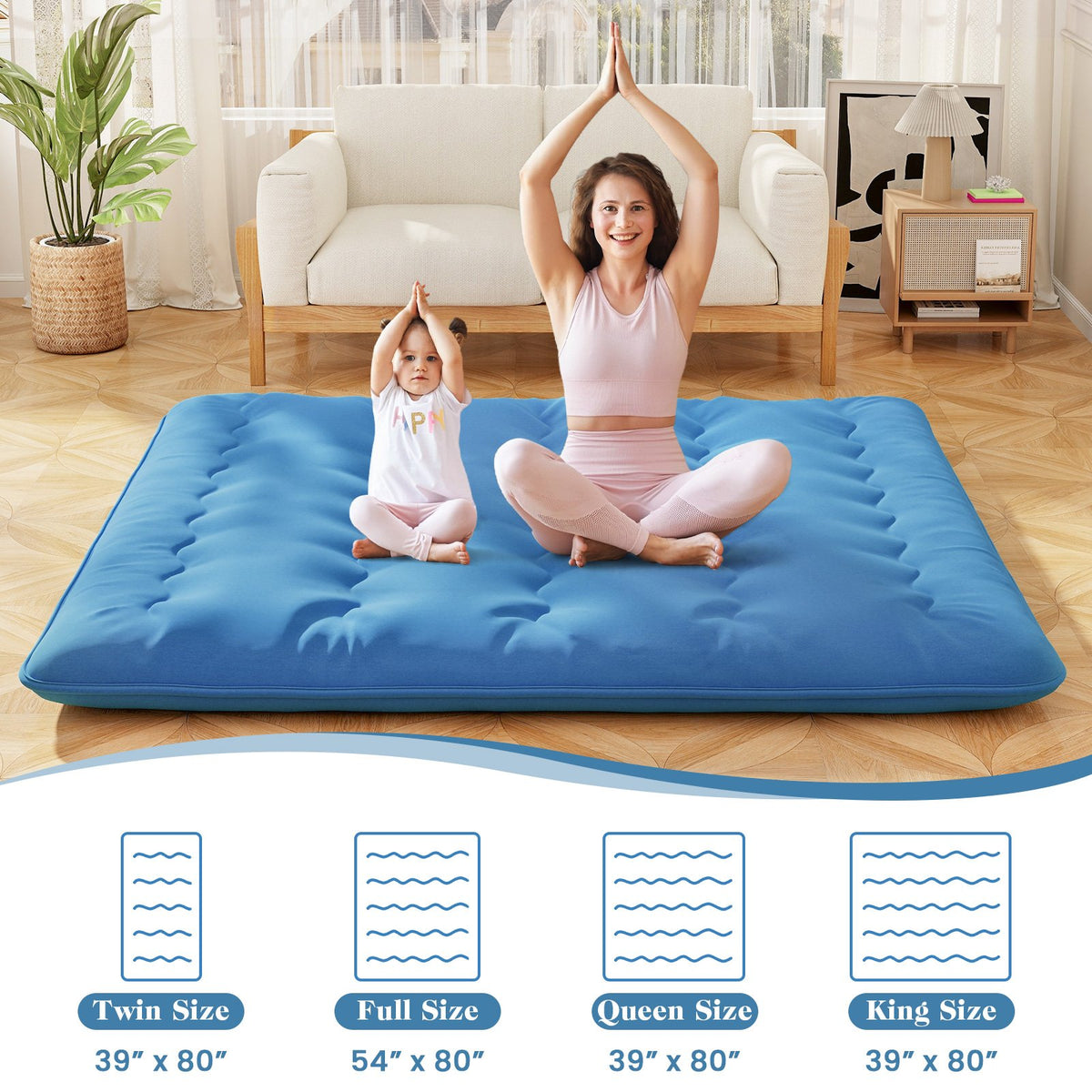 Foldable Futon Mattress with Washable Cover and Carry Bag for Camping Blue-King Size view 5