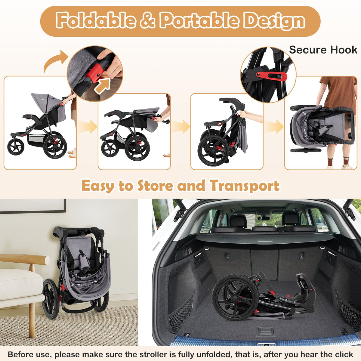 Foldable Jogging Stroller with Detachable Tray and Air-Filled Rubber Tires-Gray view 8