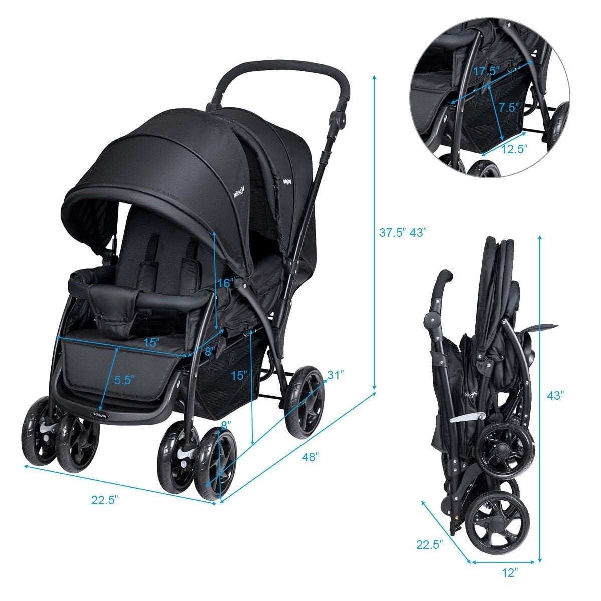 Foldable Lightweight Front Back Seats Double Baby Stroller-Black view 4