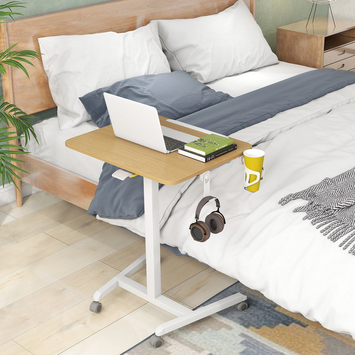 Foldable Mobile Standing Desk Rolling Laptop Desk with 90° Tiltable Tabletop-Natural view 3