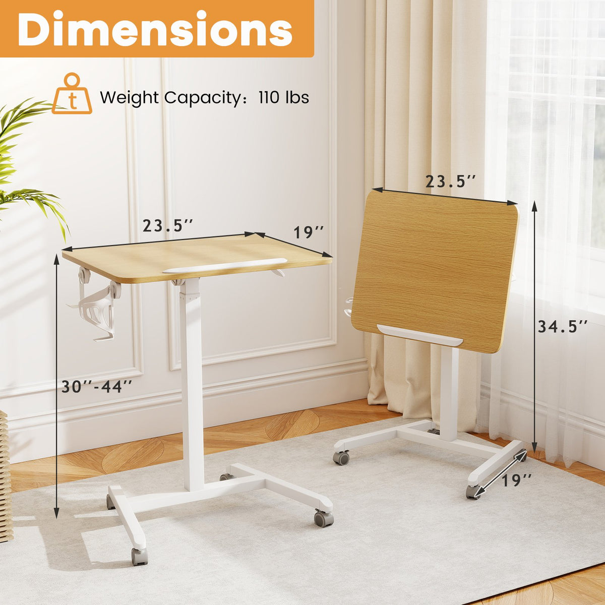 Foldable Mobile Standing Desk Rolling Laptop Desk with 90° Tiltable Tabletop-Natural view 5