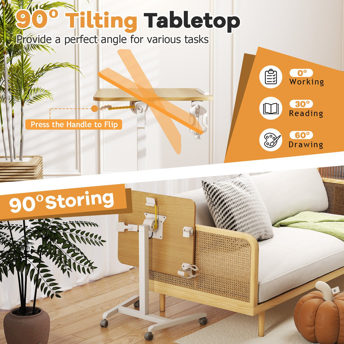 Foldable Mobile Standing Desk Rolling Laptop Desk with 90° Tiltable Tabletop-Natural view 7