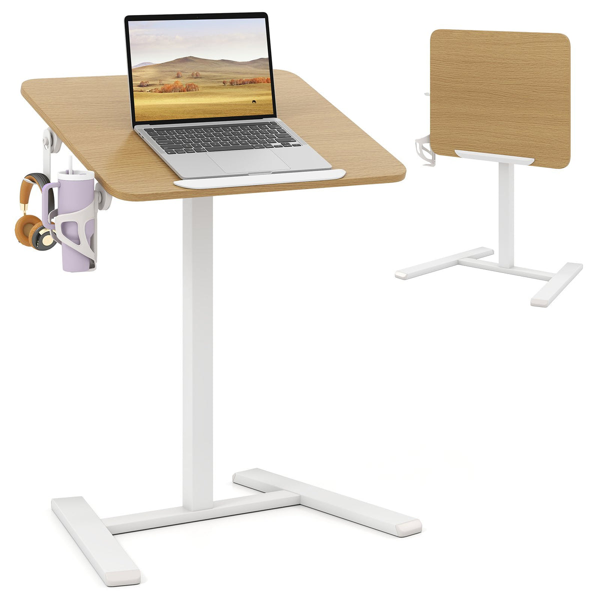 Foldable Mobile Standing Desk Rolling Laptop Desk with Hook and Cup Holder-Natural