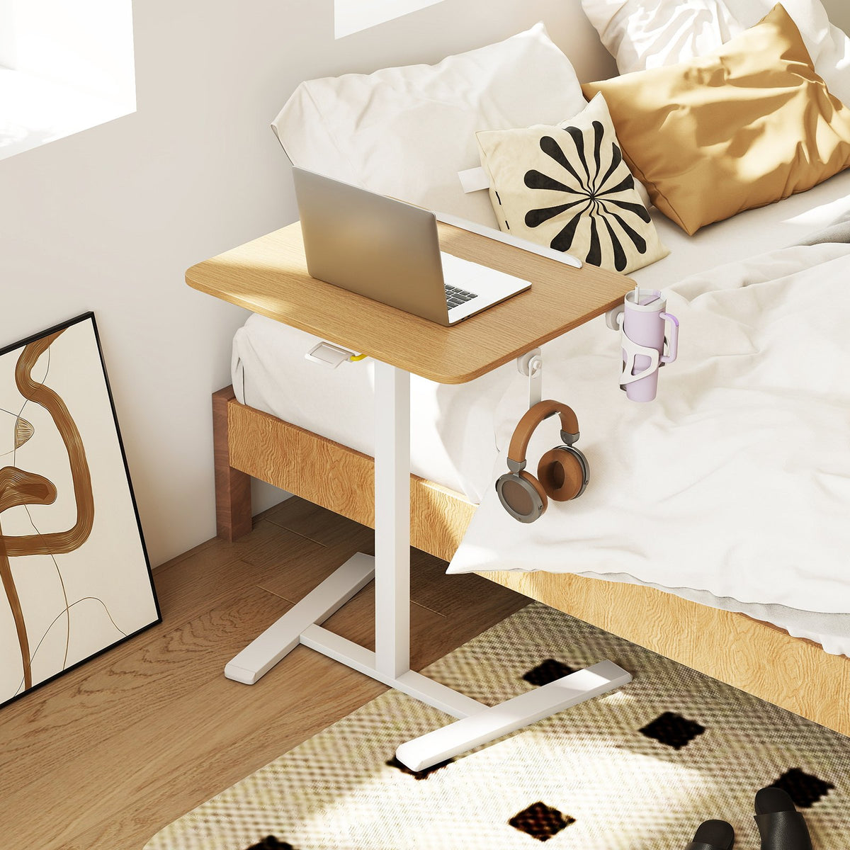 Foldable Mobile Standing Desk Rolling Laptop Desk with Hook and Cup Holder-Natural view 2