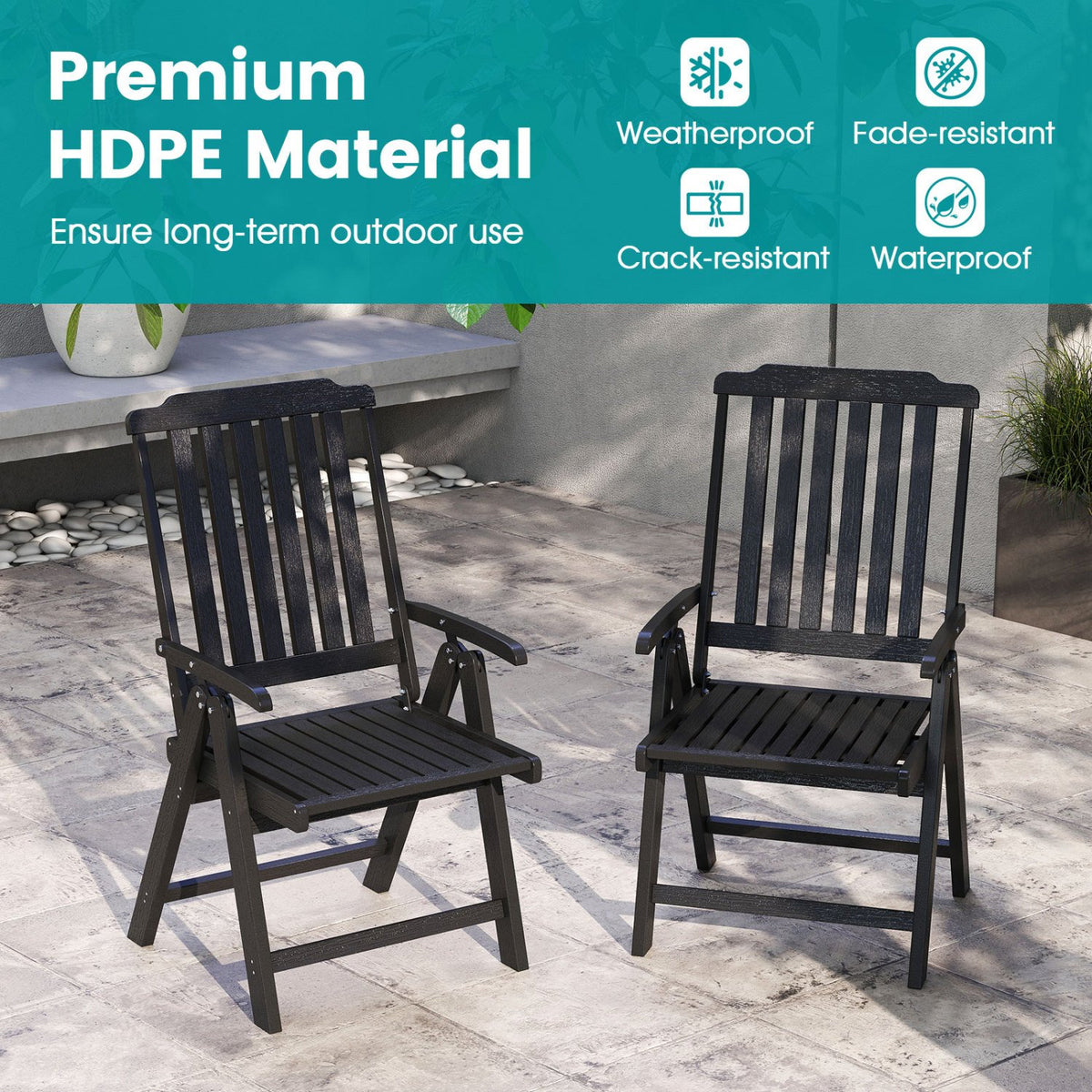 Foldable Patio Chair All-Weather HDPE Outdoor Dining Chair with Armrest-Black view 6