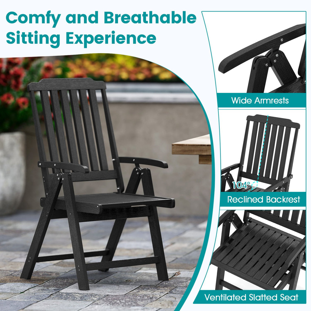 Foldable Patio Chair All-Weather HDPE Outdoor Dining Chair with Armrest-Black view 8