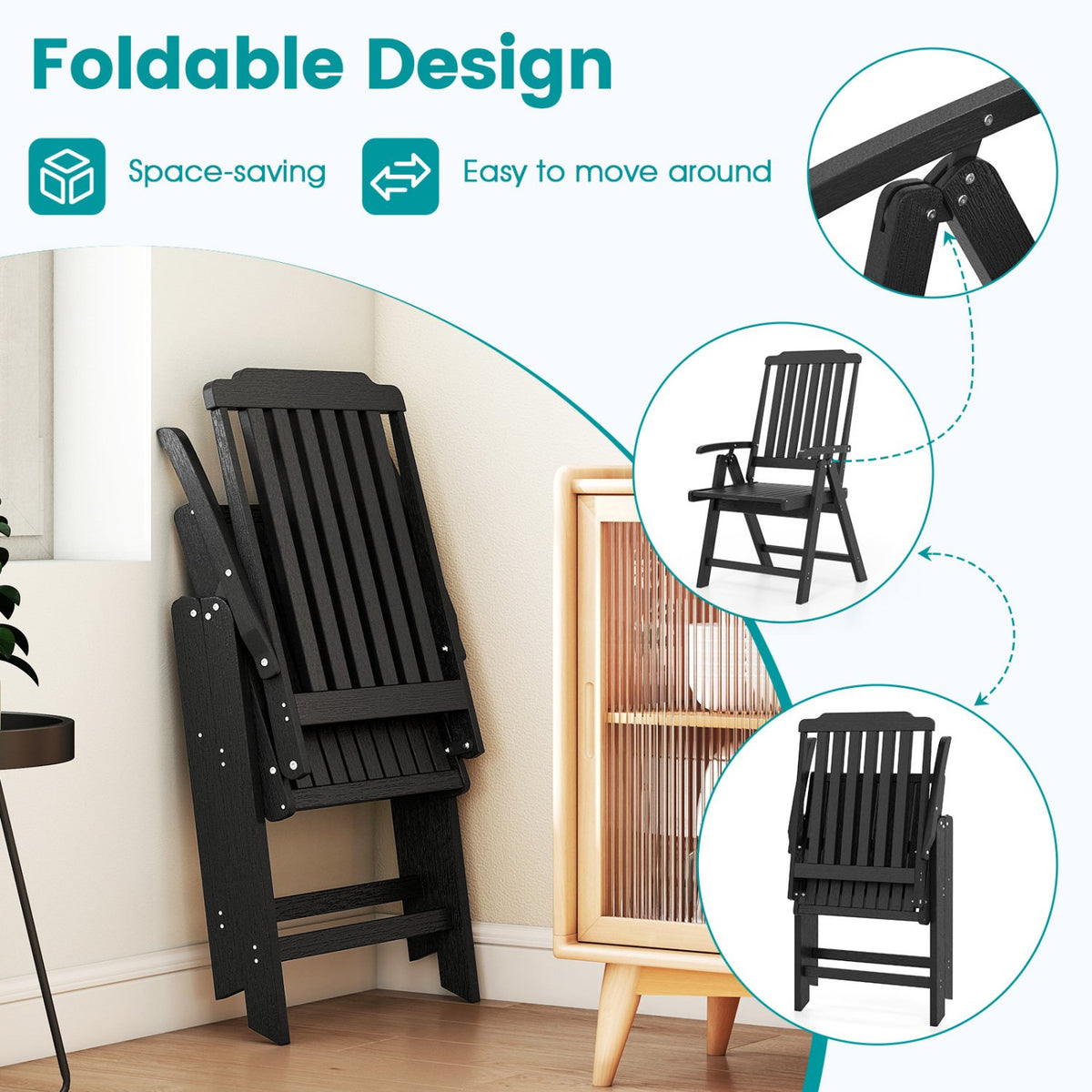 Foldable Patio Chair All-Weather HDPE Outdoor Dining Chair with Armrest-Black view 9