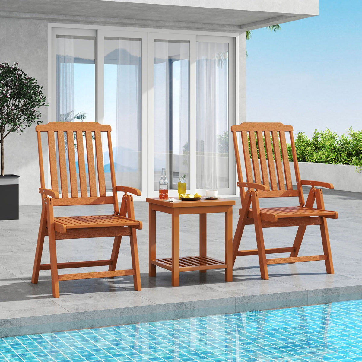 Foldable Patio Chair All-Weather HDPE Outdoor Dining Chair with Armrest-Brown view 2