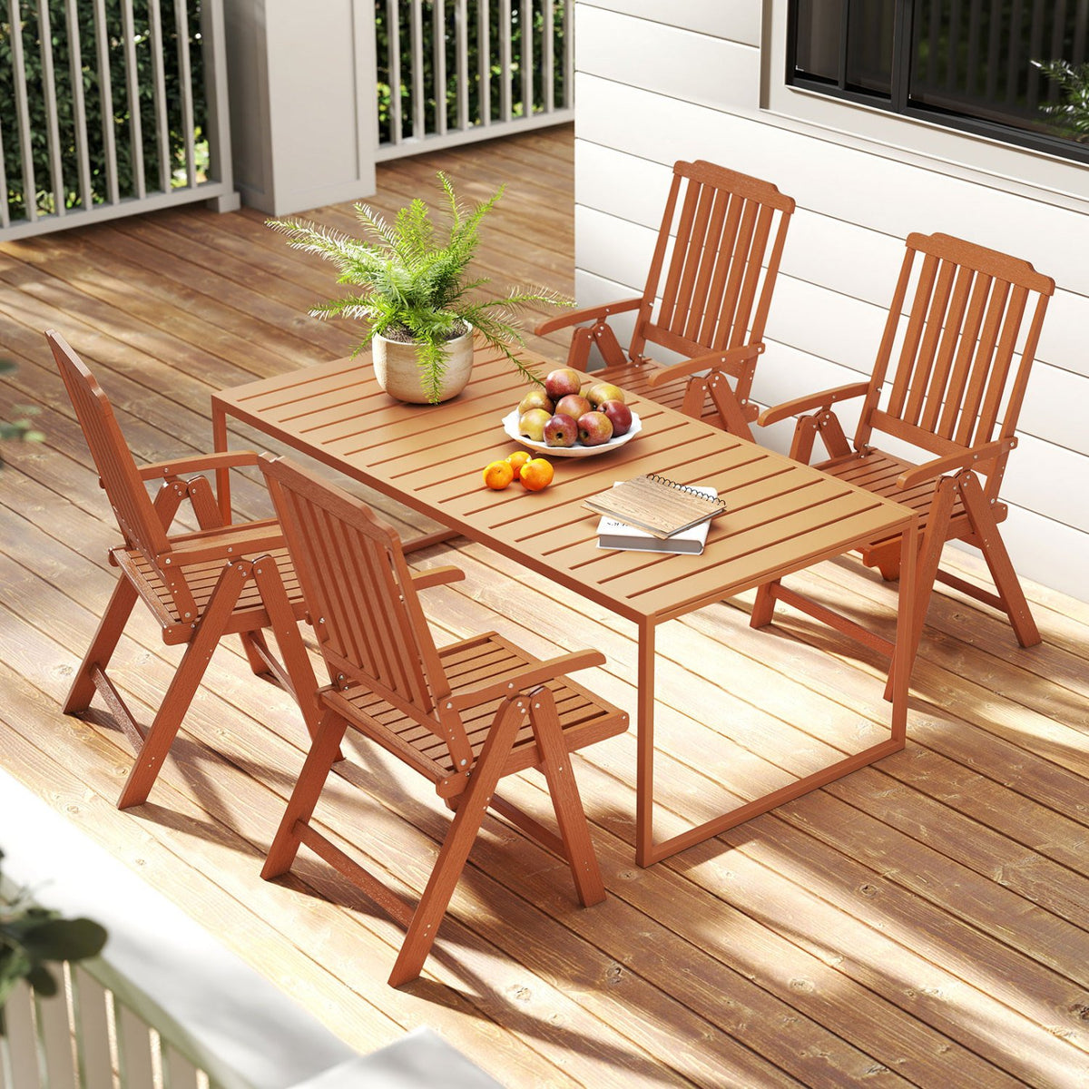 Foldable Patio Chair All-Weather HDPE Outdoor Dining Chair with Armrest-Brown view 3