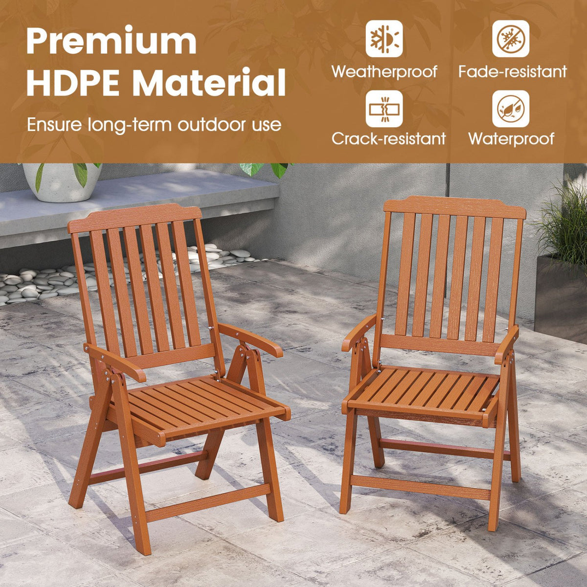 Foldable Patio Chair All-Weather HDPE Outdoor Dining Chair with Armrest-Brown view 6