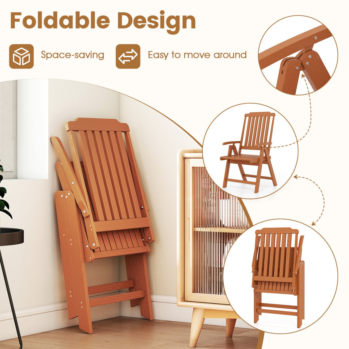 Foldable Patio Chair All-Weather HDPE Outdoor Dining Chair with Armrest-Brown view 9