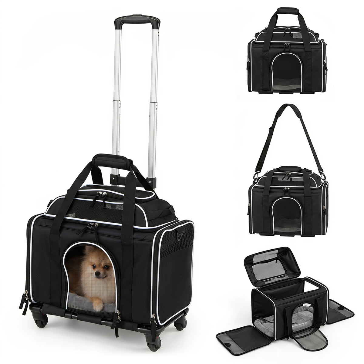 Foldable Pet Carrier with Wheels Airline Approved Rolling Cat and Dog Carrier-Black view 4