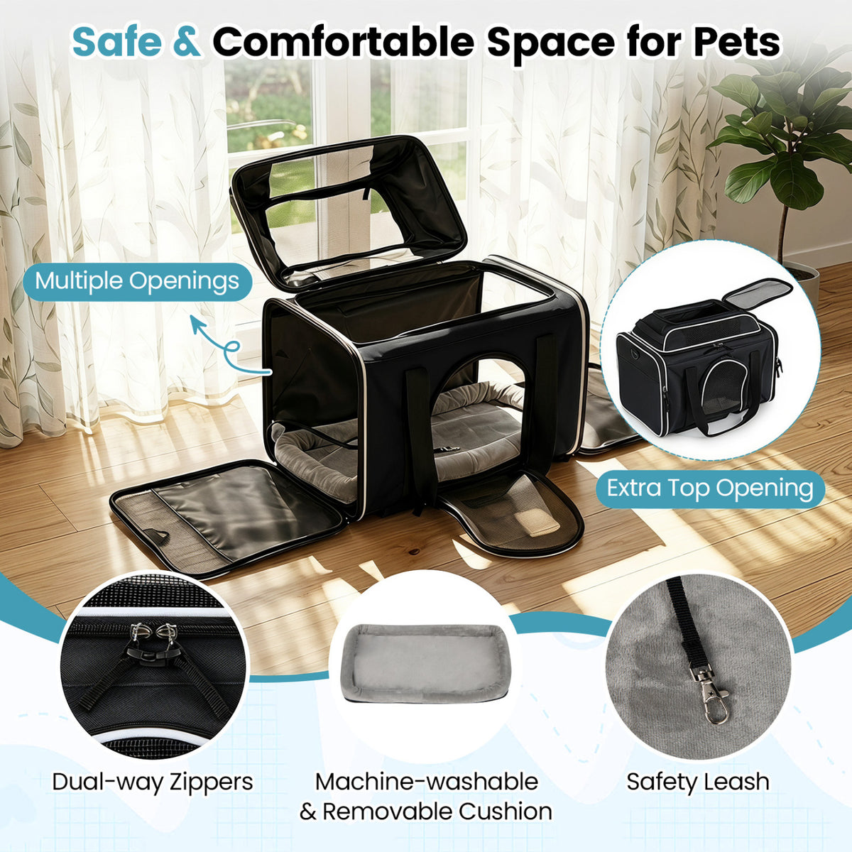 Foldable Pet Carrier with Wheels Airline Approved Rolling Cat and Dog Carrier-Black view 7
