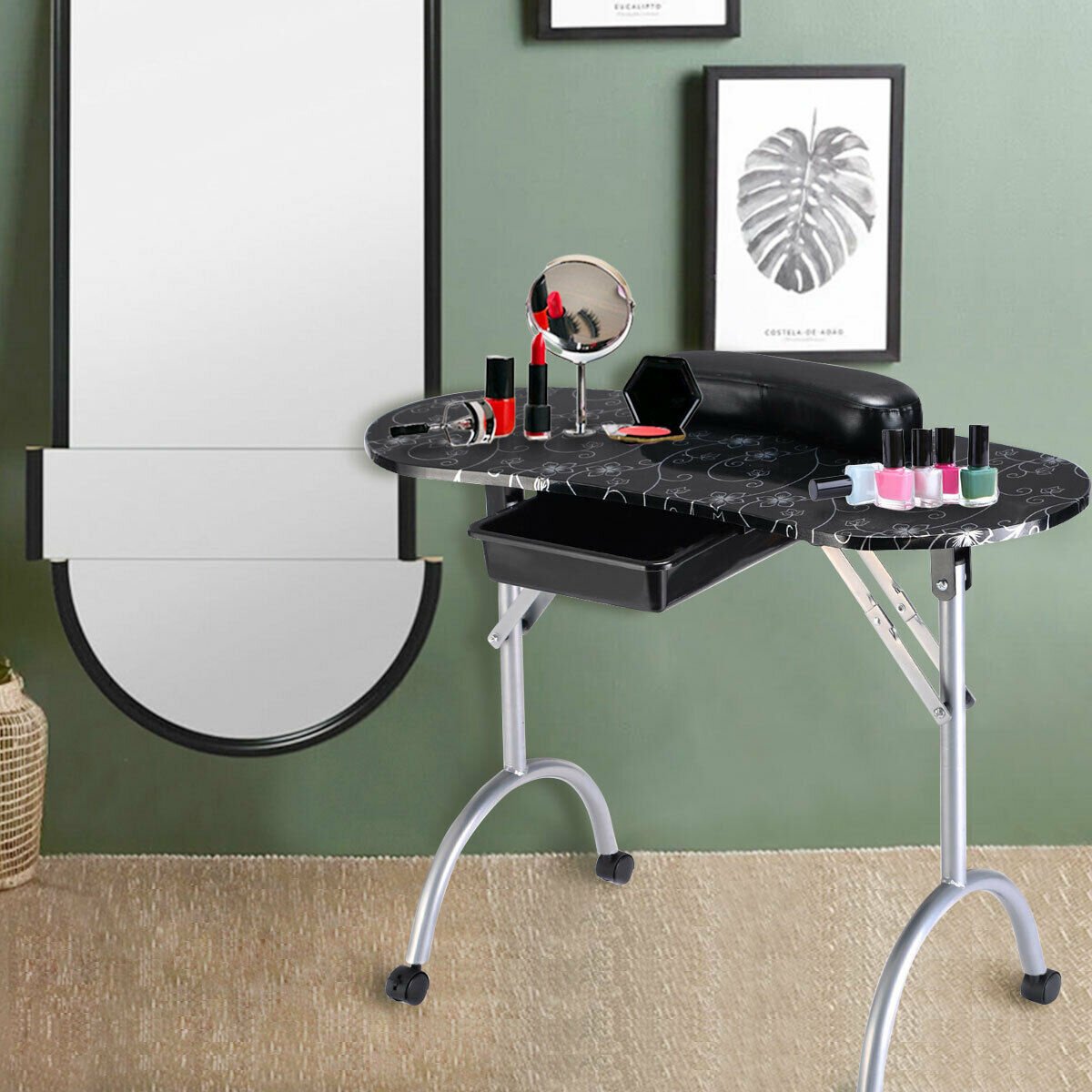 Foldable Portable Manicure Table with Drawer Casters and Cushion-Black view 3