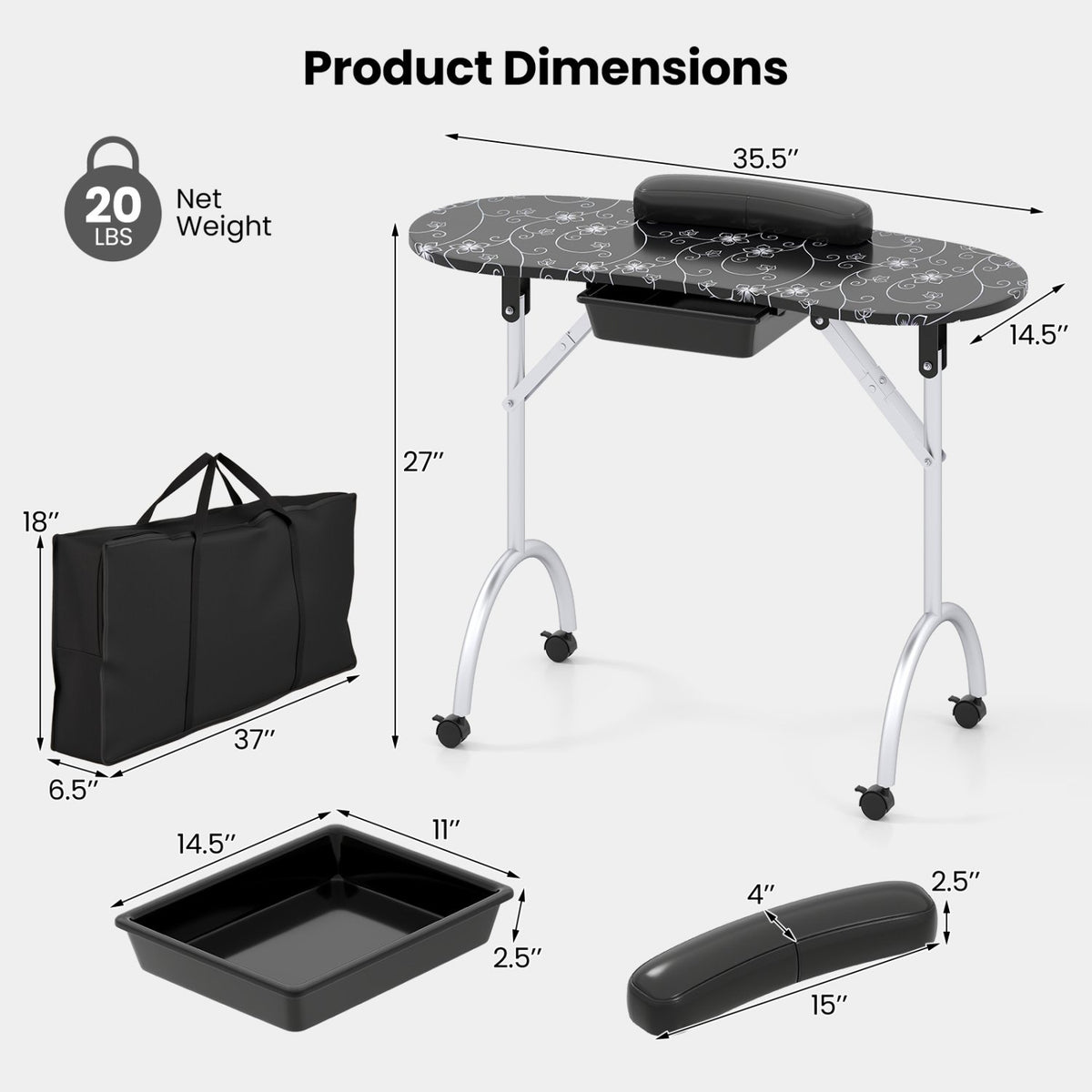 Foldable Portable Manicure Table with Drawer Casters and Cushion-Black view 4