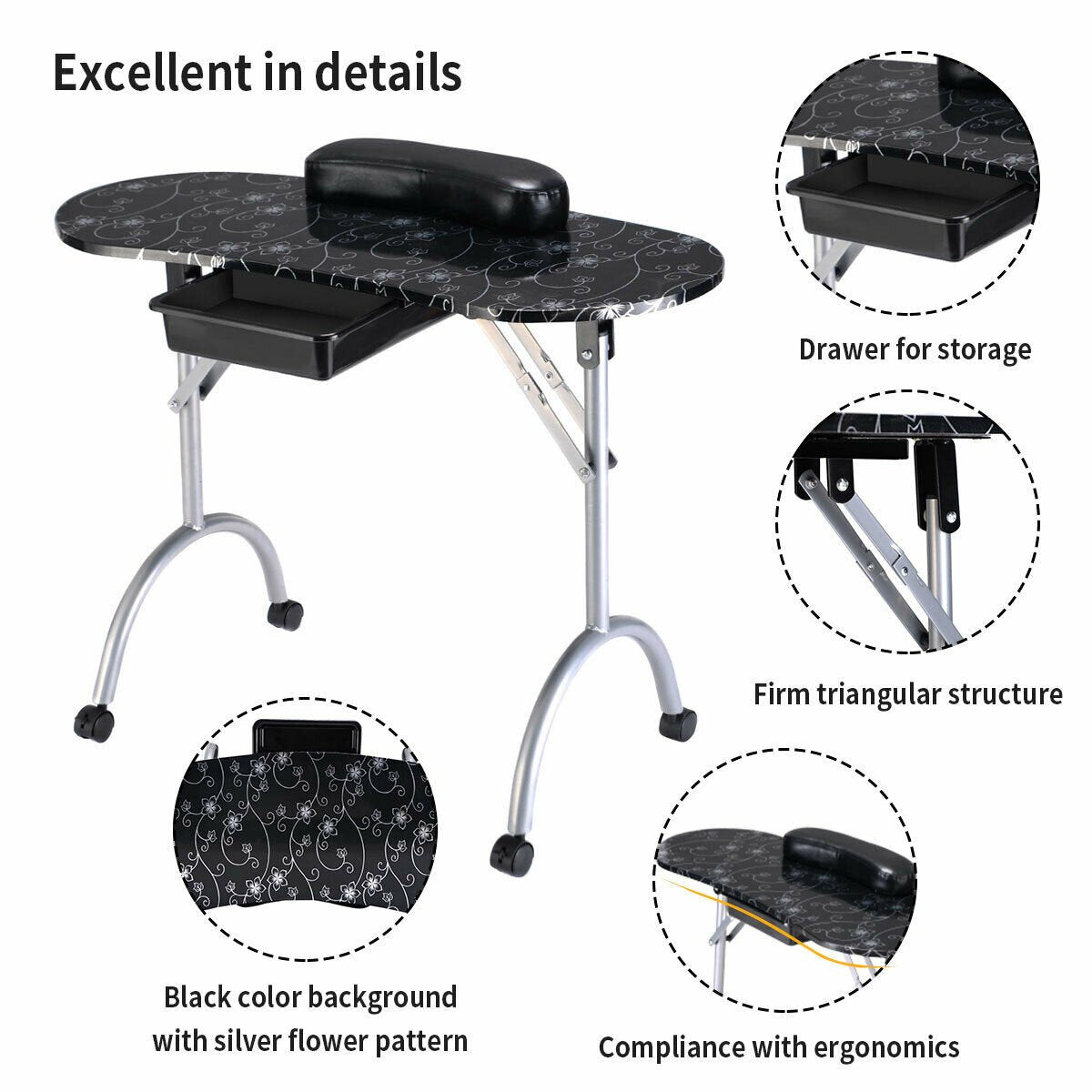 Foldable Portable Manicure Table with Drawer Casters and Cushion-Black view 5