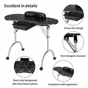 Foldable Portable Manicure Table with Drawer Casters and Cushion-Black view 5