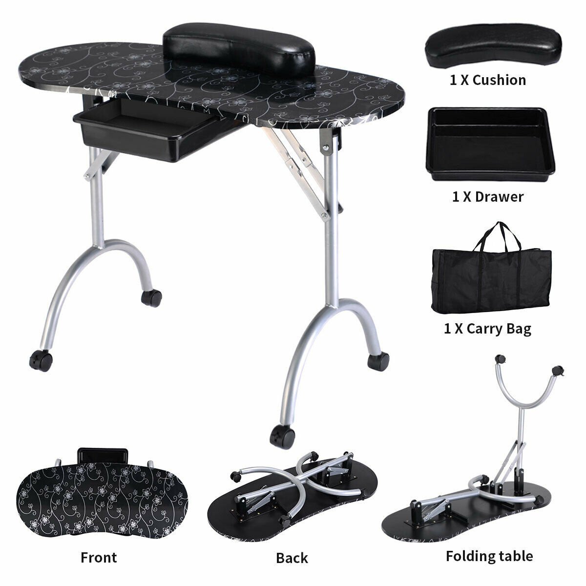 Foldable Portable Manicure Table with Drawer Casters and Cushion-Black view 7
