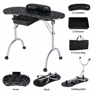 Foldable Portable Manicure Table with Drawer Casters and Cushion-Black view 7