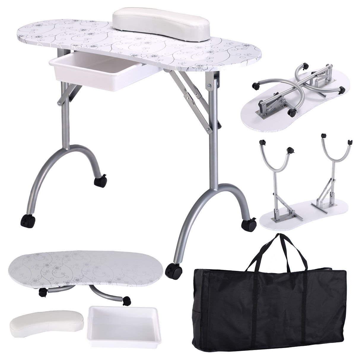 Foldable Portable Manicure Table with Drawer Casters and Cushion-White view 2