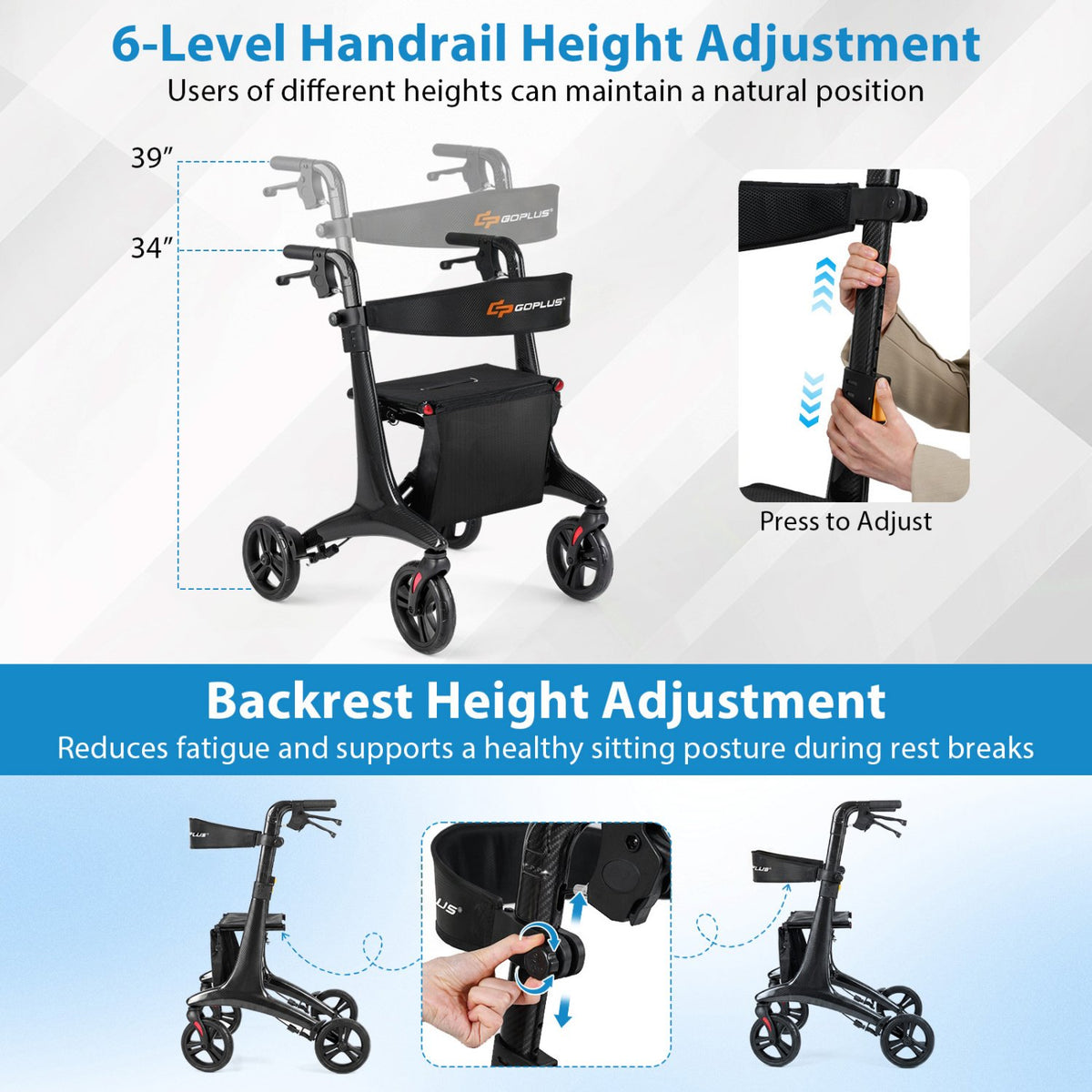 Foldable Rollator Rolling Walker with Seat for Seniors-Black view 5