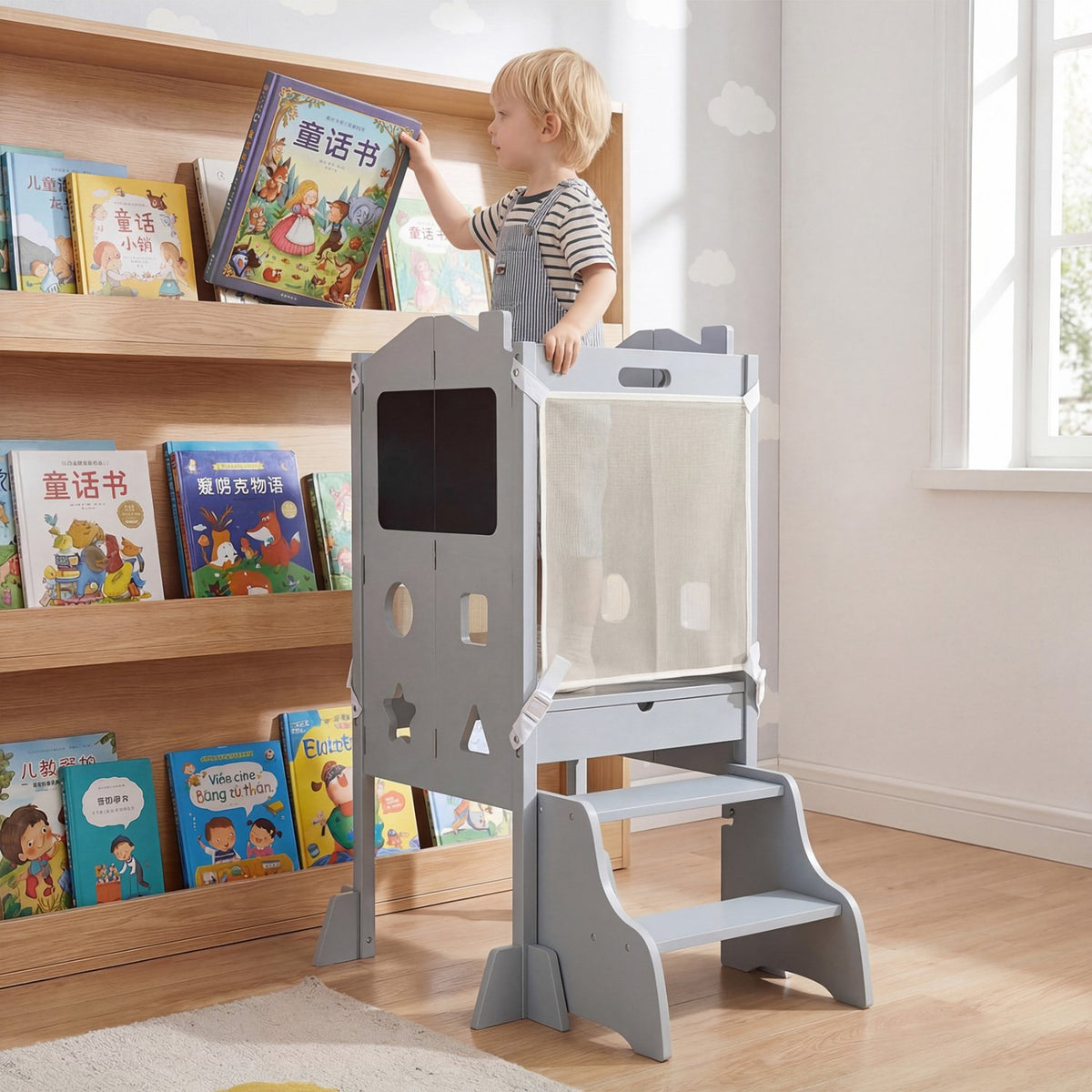 Foldable Toddler Step Stool with Chalkboards 2-Step Stool-Gray view 2
