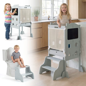Foldable Toddler Step Stool with Chalkboards 2-Step Stool-Gray view 4
