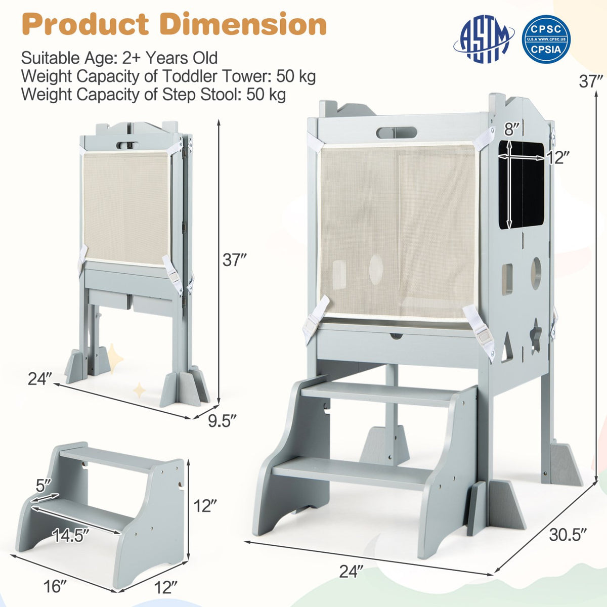 Foldable Toddler Step Stool with Chalkboards 2-Step Stool-Gray view 5