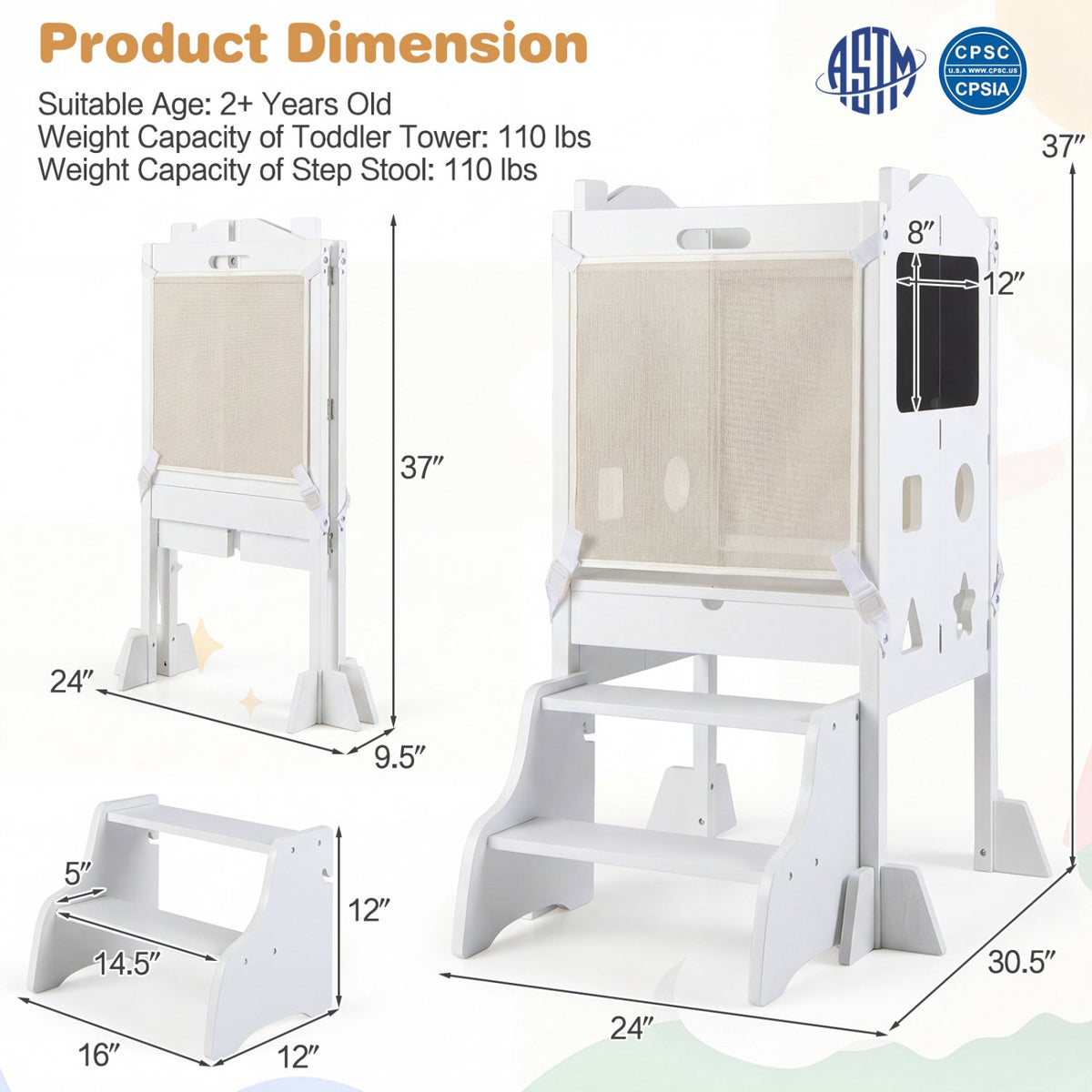 Foldable Toddler Step Stool with Chalkboards 2-Step Stool-White view 5